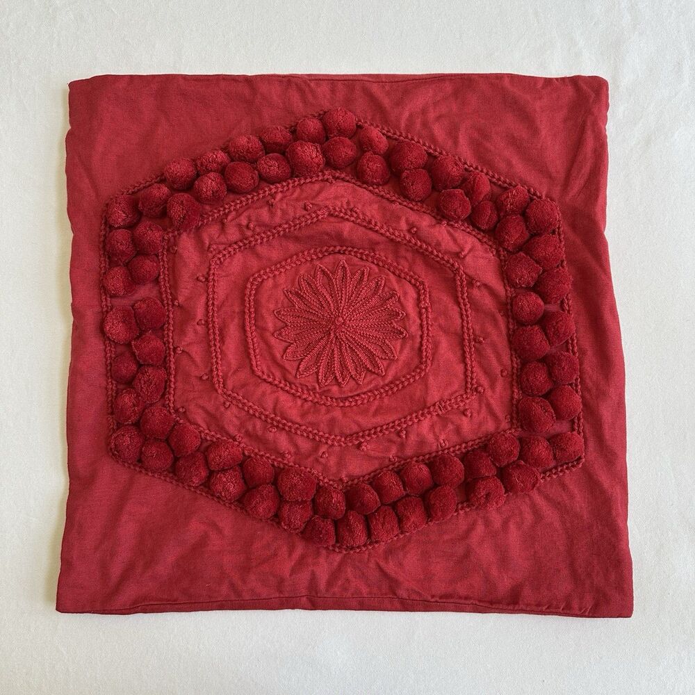 Pottery Barn Pom Pom Pillow Cover RED Square Embroidered 20x20"